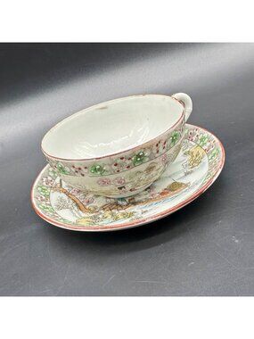 Antique Nippon Porcelain Teacup and Saucer Moriage Hand Painted Geisha Ware